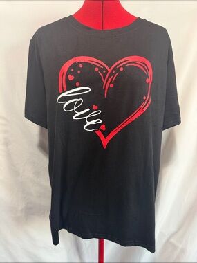 Black Short Sleeve Tee with Red Heart Graphic